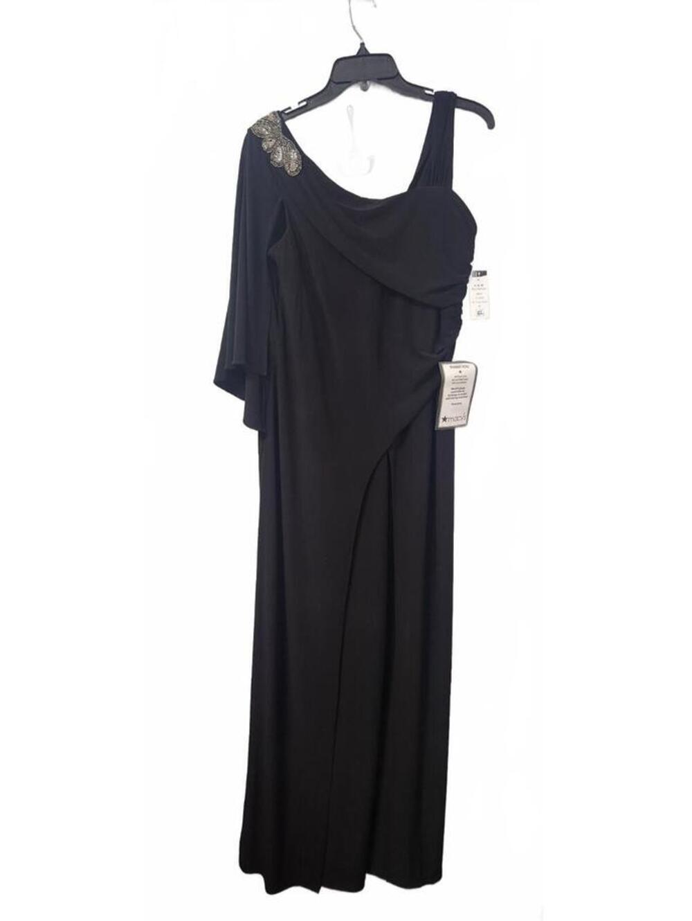 R&M Richards Size 8 Black One Shoulder Jumpsuit-Sequin Cape Sleeve